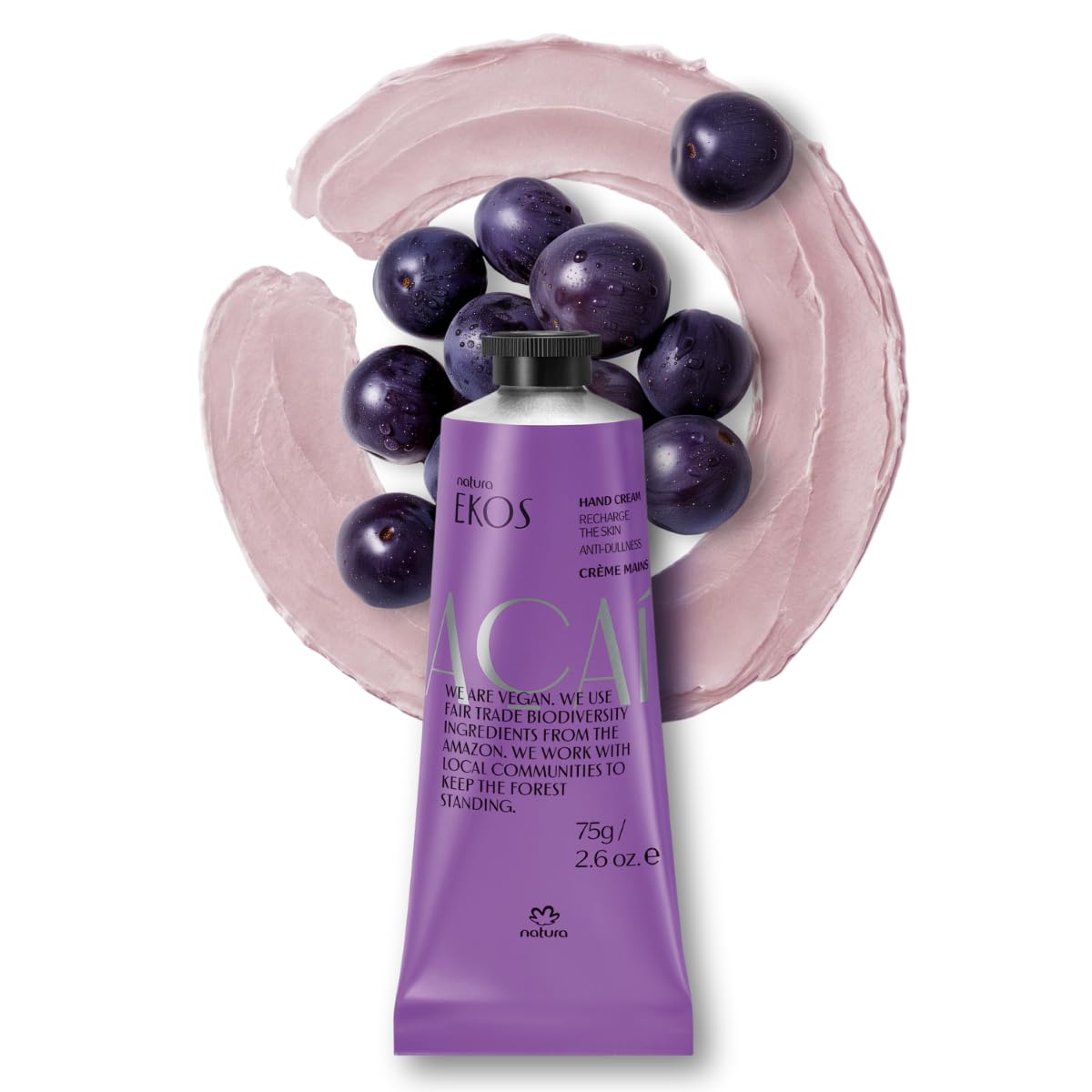 Natura Ekos Açaí Crème Mains, flacon visible, absorption rapide et douceur.