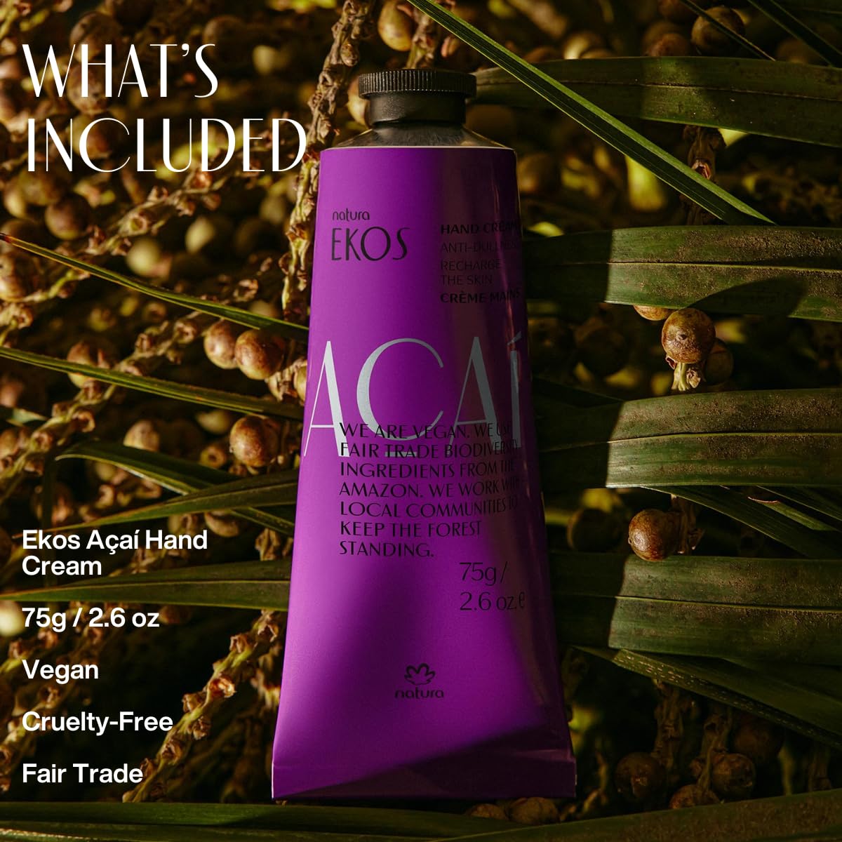 Crème Mains Natura Ekos Açaí, barrière cutanée renforcée et peau plus souple.