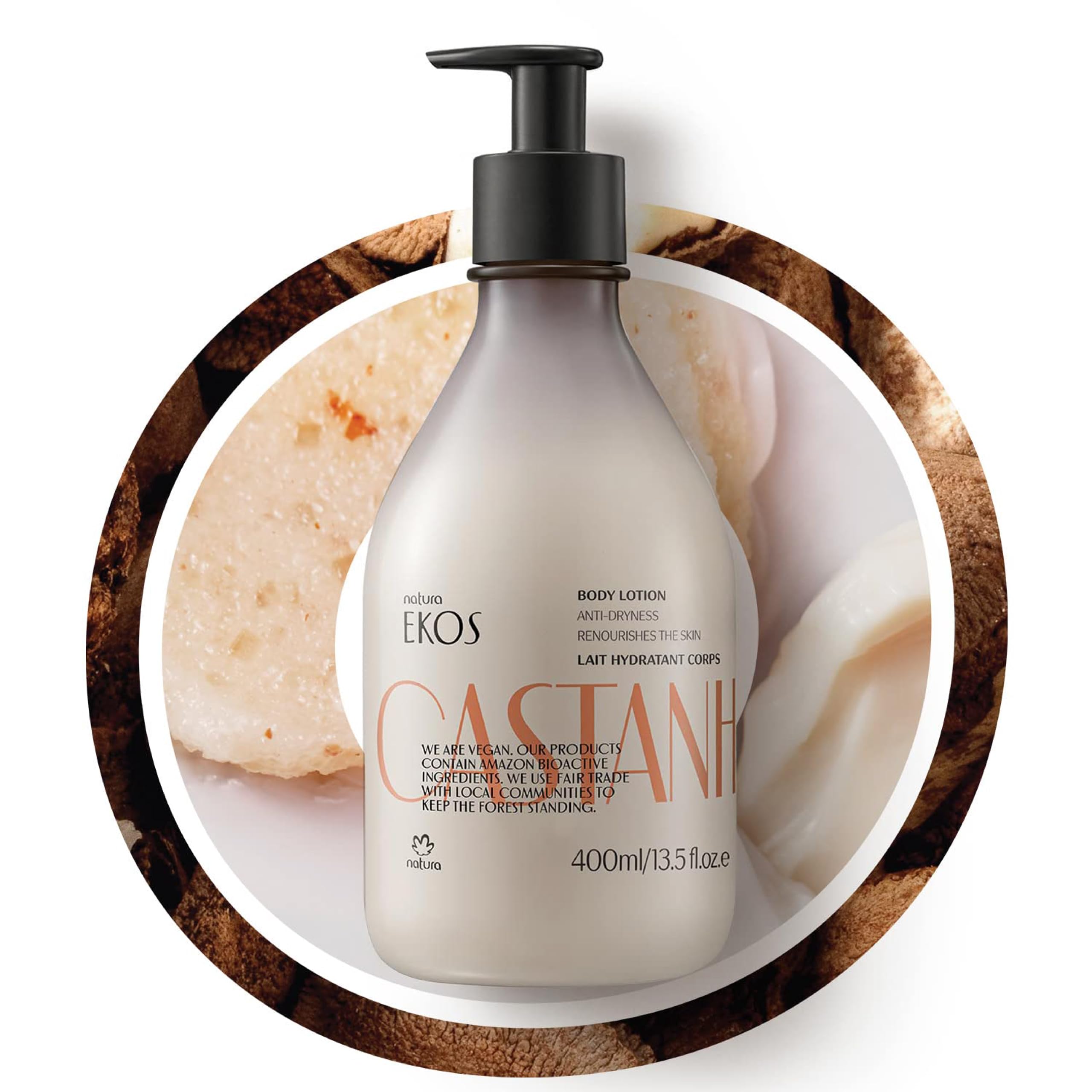 Lotion Natura Castanha en flacon, hydratation durable pour tout le corps.