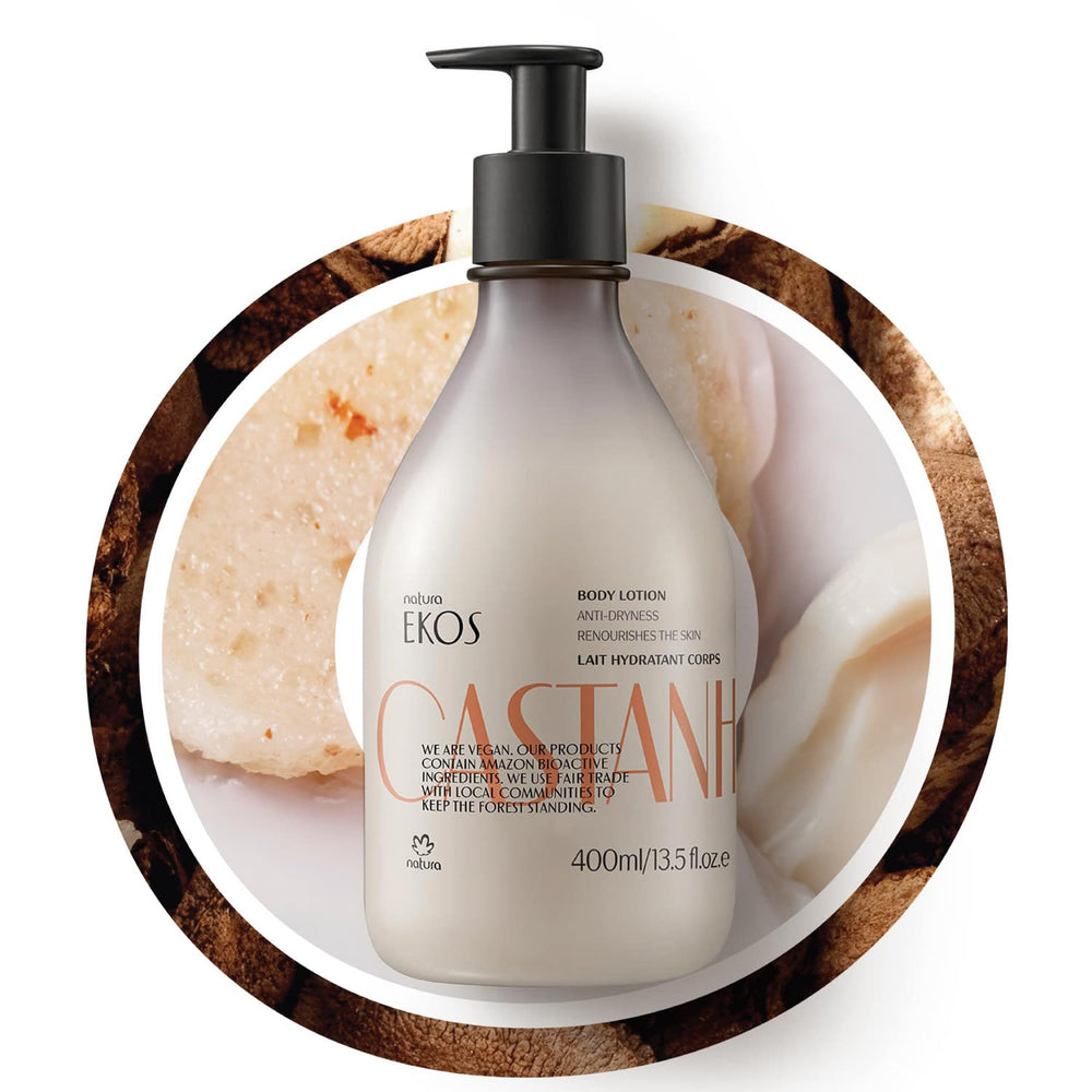 Lotion Natura Castanha en flacon, hydratation durable pour tout le corps.