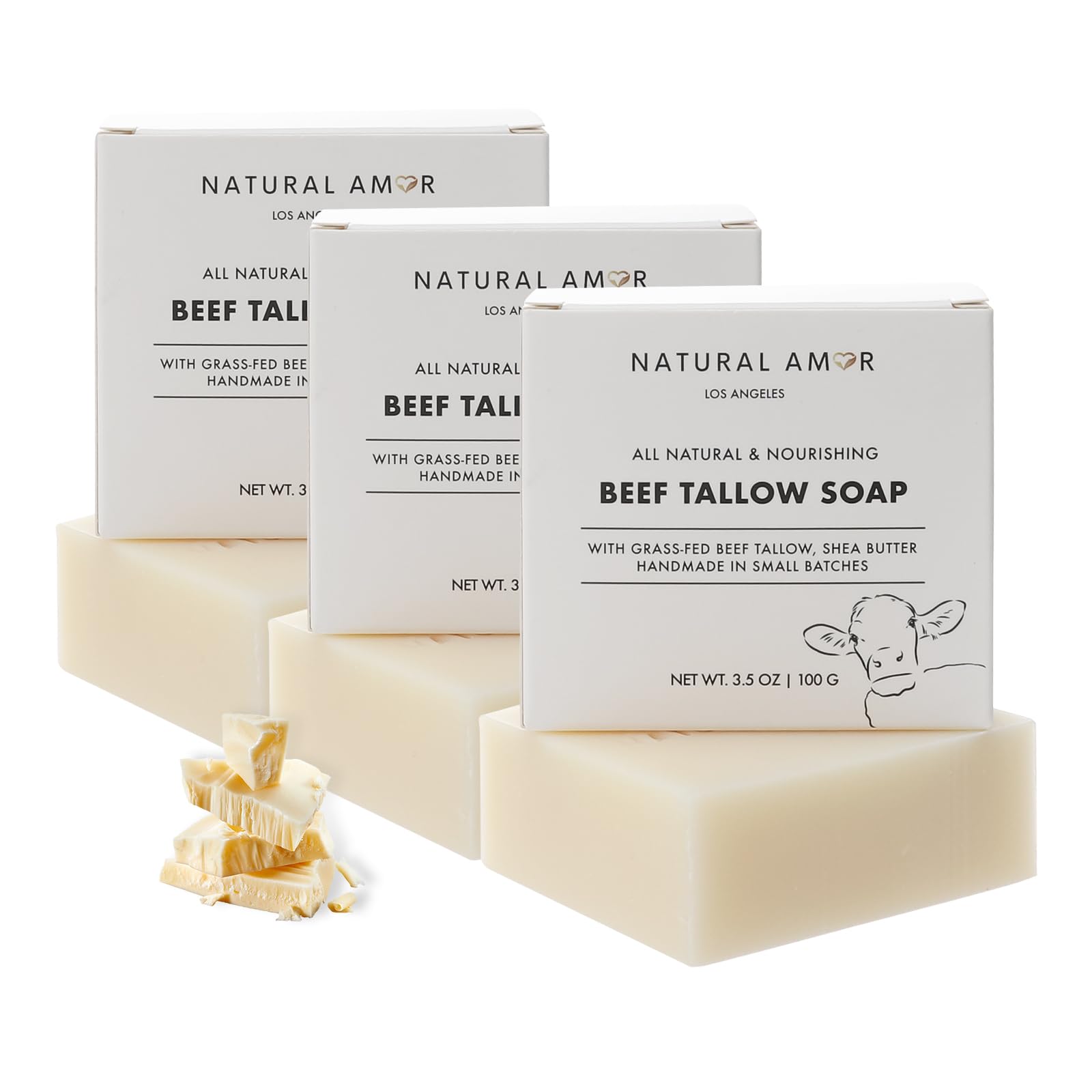 Natural Amor Los Angeles beef tallow soap bar 3-pack fragrance-free for gentle cleansing.