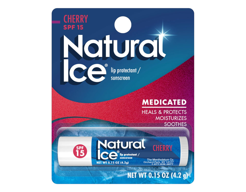 Natural Ice lip protect stick front view with cherry flavor and SPF 15 protection.