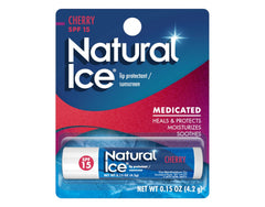 Natural Ice lip protect stick front view with cherry flavor and SPF 15 protection.