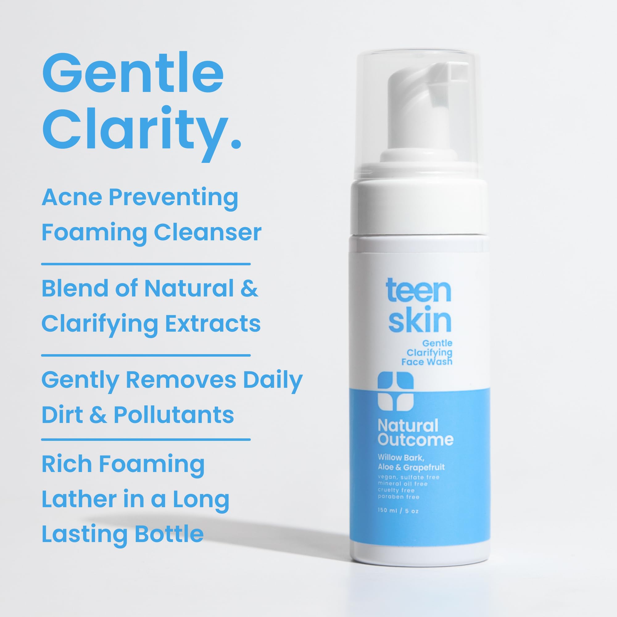 Natural Outcome foaming cleanser showing light, oil-free lather.