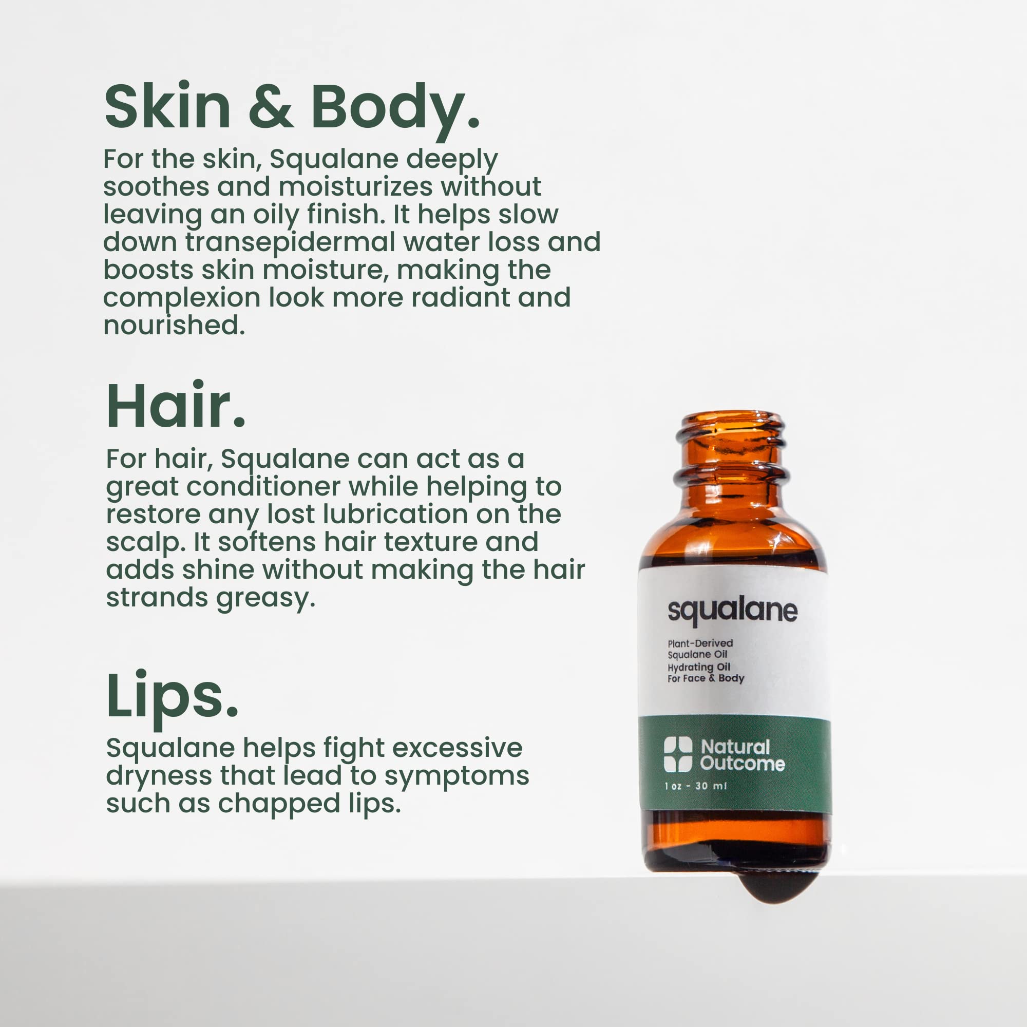 Natural Outcome Pure Squalane Oil texture reveals weightless hydration for all skin types.