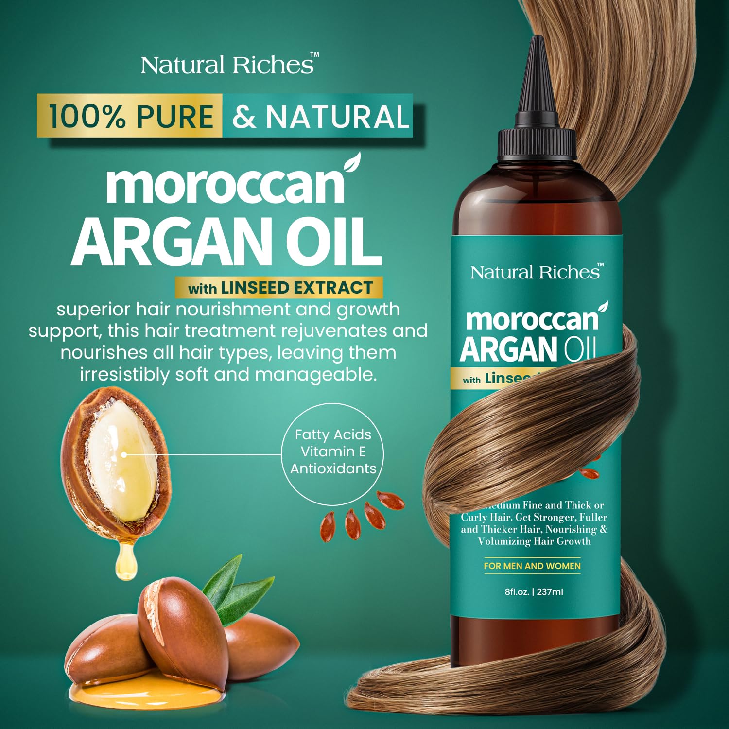 Natural Riches Huile d'Argan avec extrait de lin, application en goutte pratique.