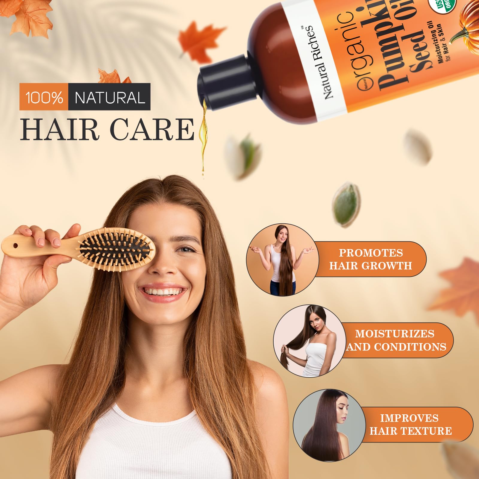 Natural Riches huile de potiron, application capillaire pour nourrir les cheveux et stimuler la brillance.