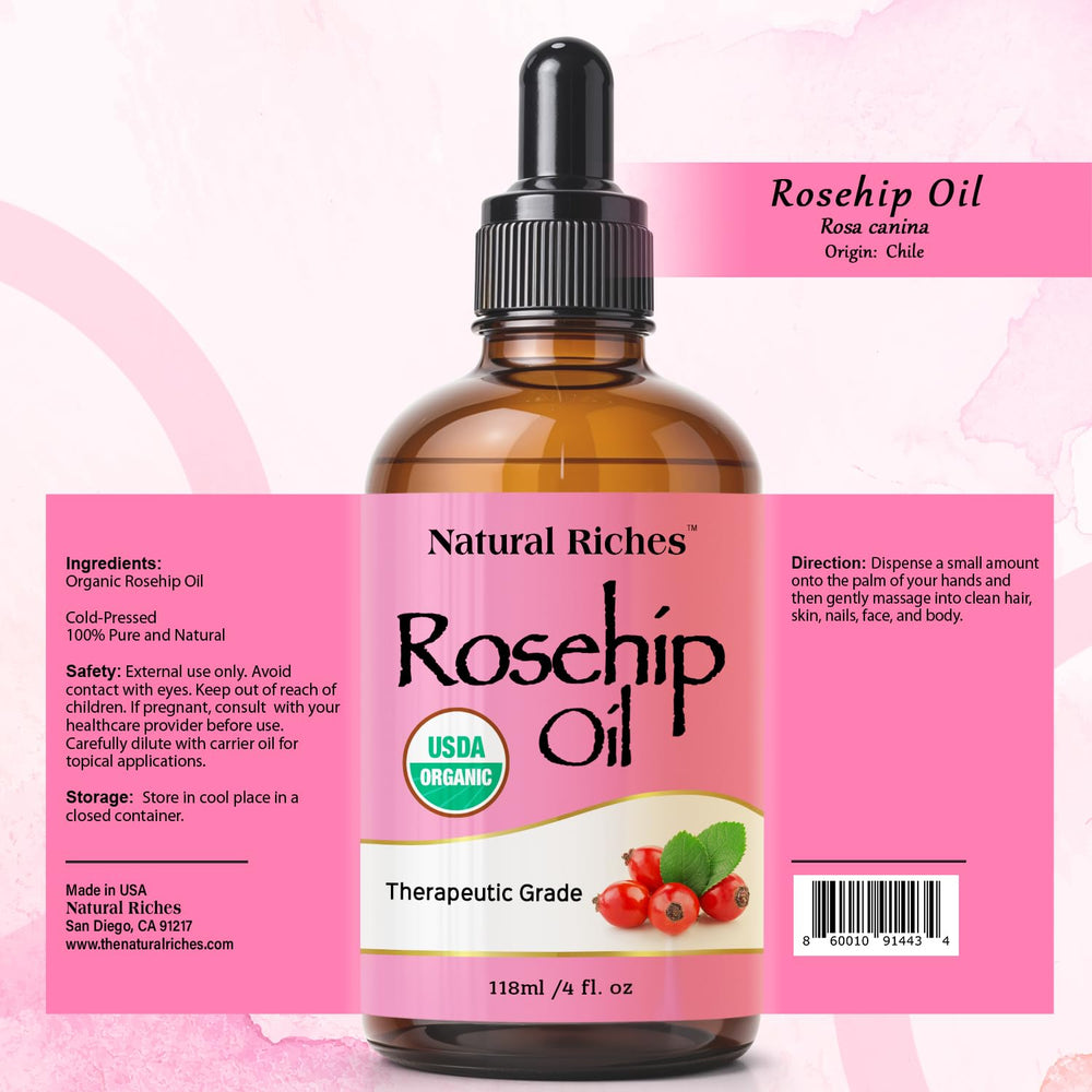Flacon Natural Riches huile de rose musquée avec goutte-visage pour application ciblée.