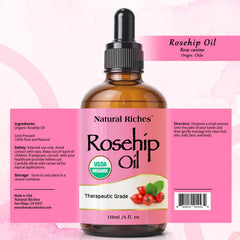 Flacon Natural Riches huile de rose musquée avec goutte-visage pour application ciblée.