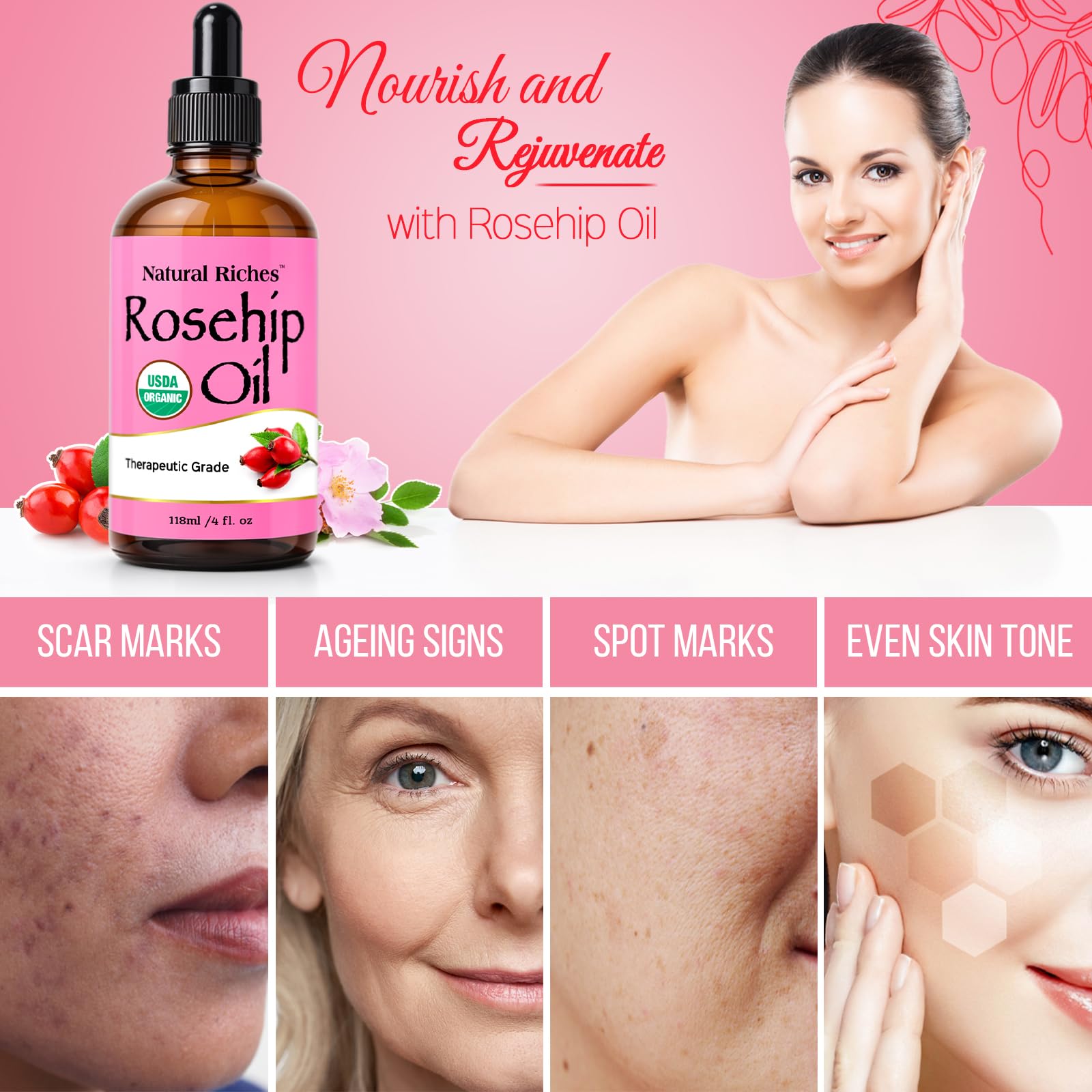 Soin quotidien avec Natural Riches huile de rose musquée, polyvalent pour visage et cheveux.