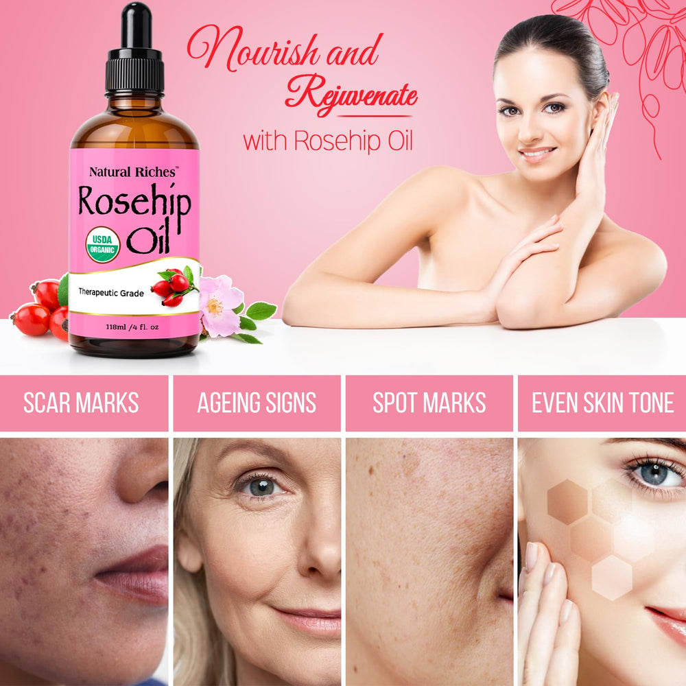 Soin quotidien avec Natural Riches huile de rose musquée, polyvalent pour visage et cheveux.