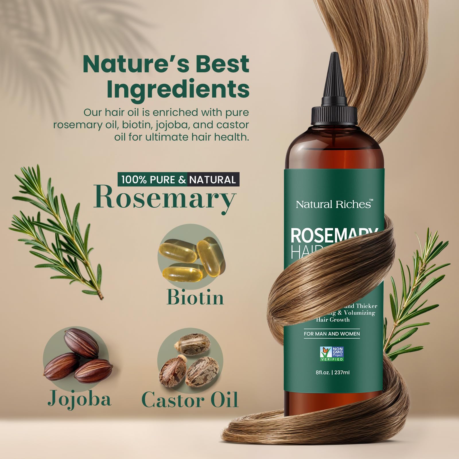 Natural Riches ingrédients biotine-jojoba-ricin pour cuir chevelu nourri.