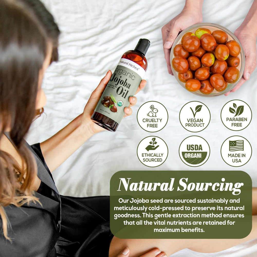 Natural Riches Jojoba Oil absorbs quickly for non-greasy hydration on skin.