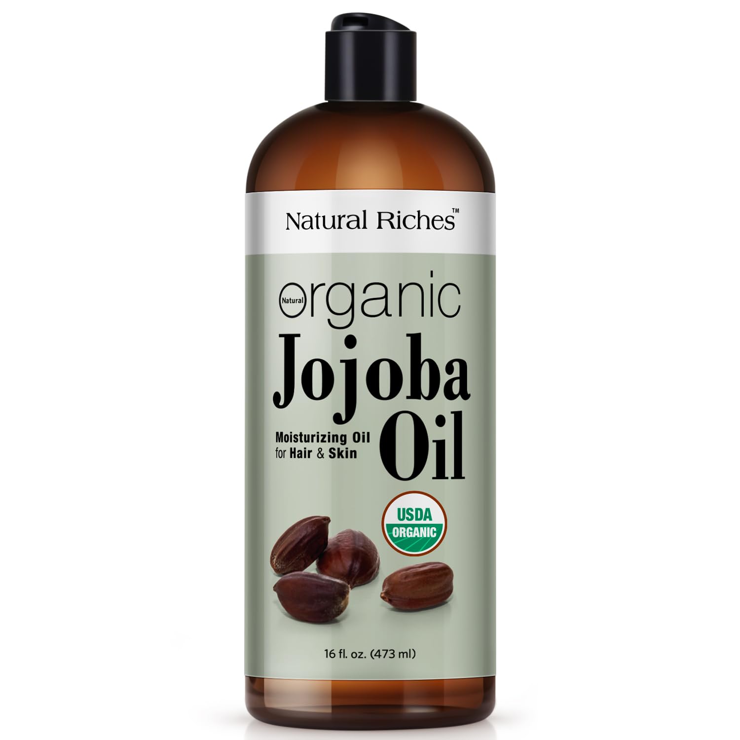Natural Riches Jojoba Oil bottle offers lightweight facial hydration and skin softness.