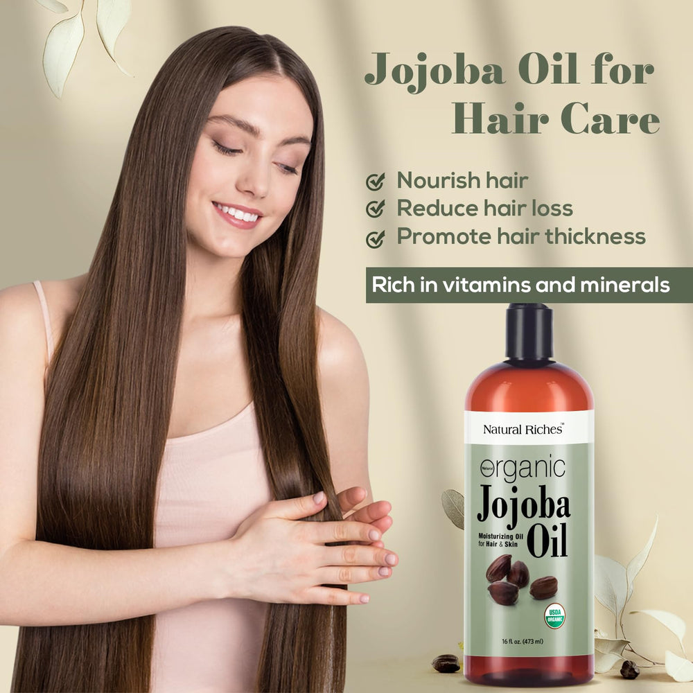Natural Riches Jojoba Oil on hair helps shine and smoothness without heaviness.