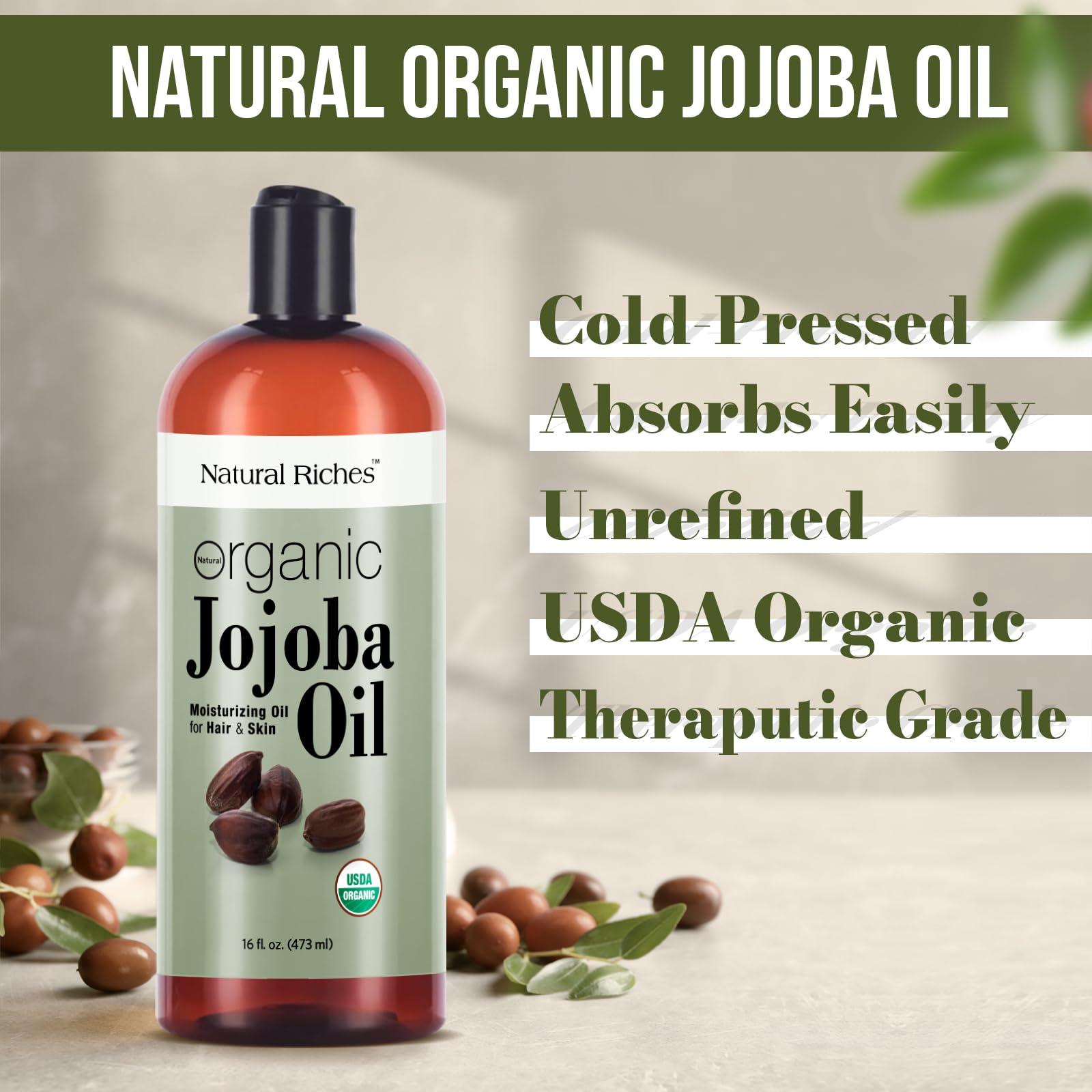 Natural Riches Jojoba Oil packaging highlights bulk value for DIY skincare routines.