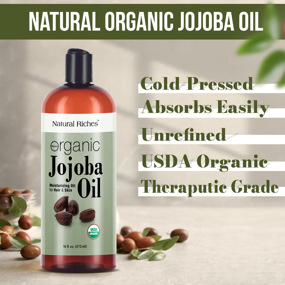 Natural Riches Jojoba Oil packaging highlights bulk value for DIY skincare routines.
