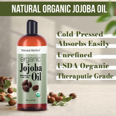 Natural Riches Jojoba Oil packaging highlights bulk value for DIY skincare routines.