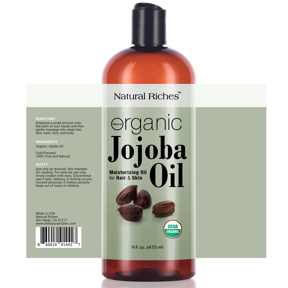 Natural Riches Jojoba Oil pour demonstrates its smooth texture ideal for quick skin absorption.