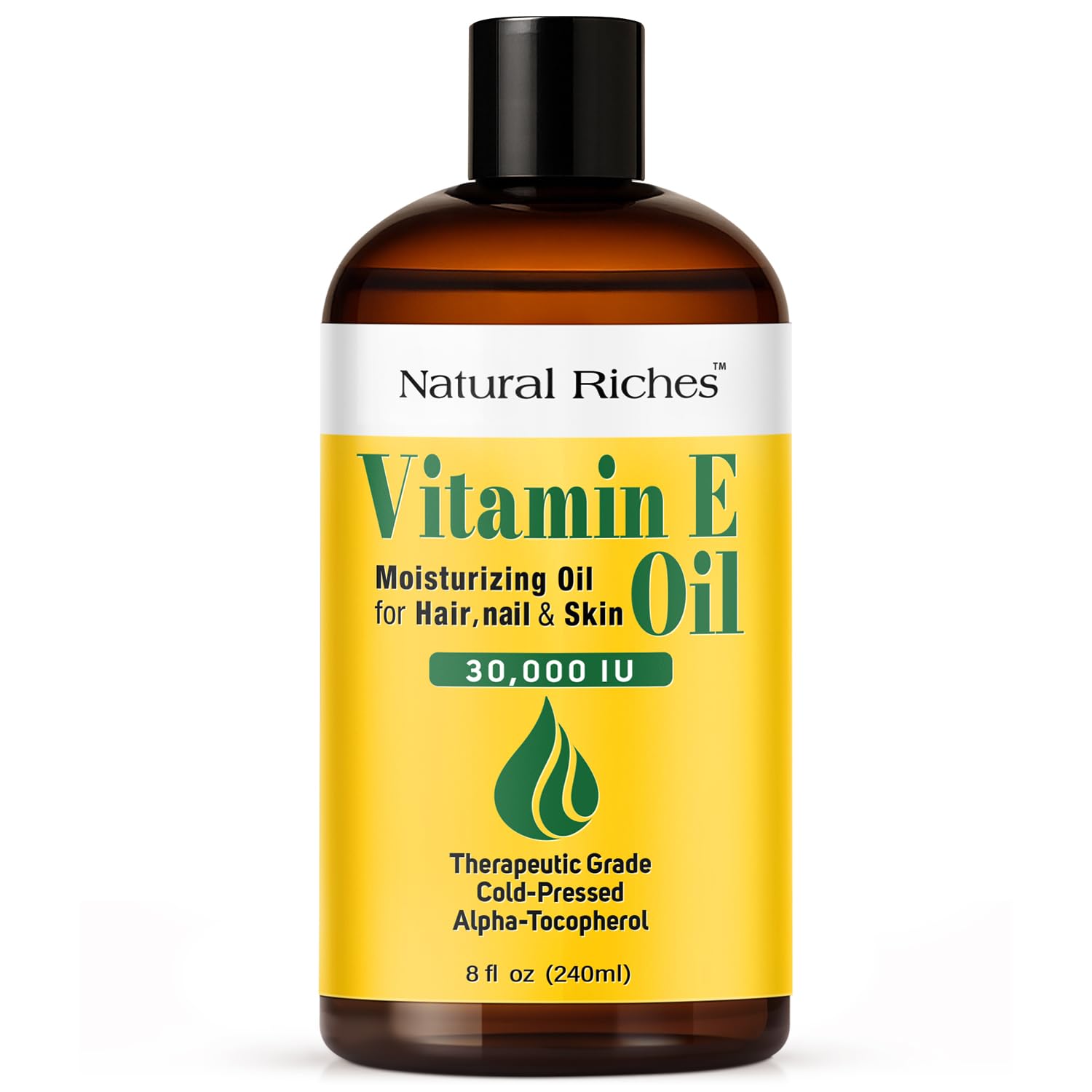 Natural Riches Vitamin E Oil bottle closeup, pure formula for skin care.