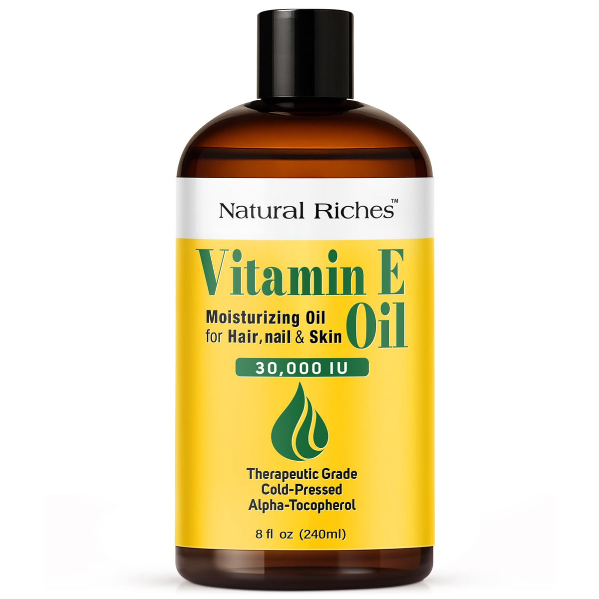 Natural Riches Vitamin E Oil bottle closeup, pure formula for skin care.