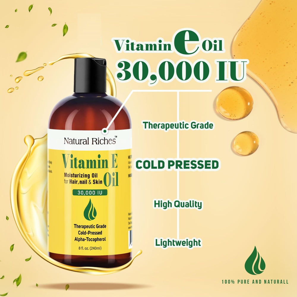 Natural Riches Vitamin E Oil bottle pump, easy daily application.