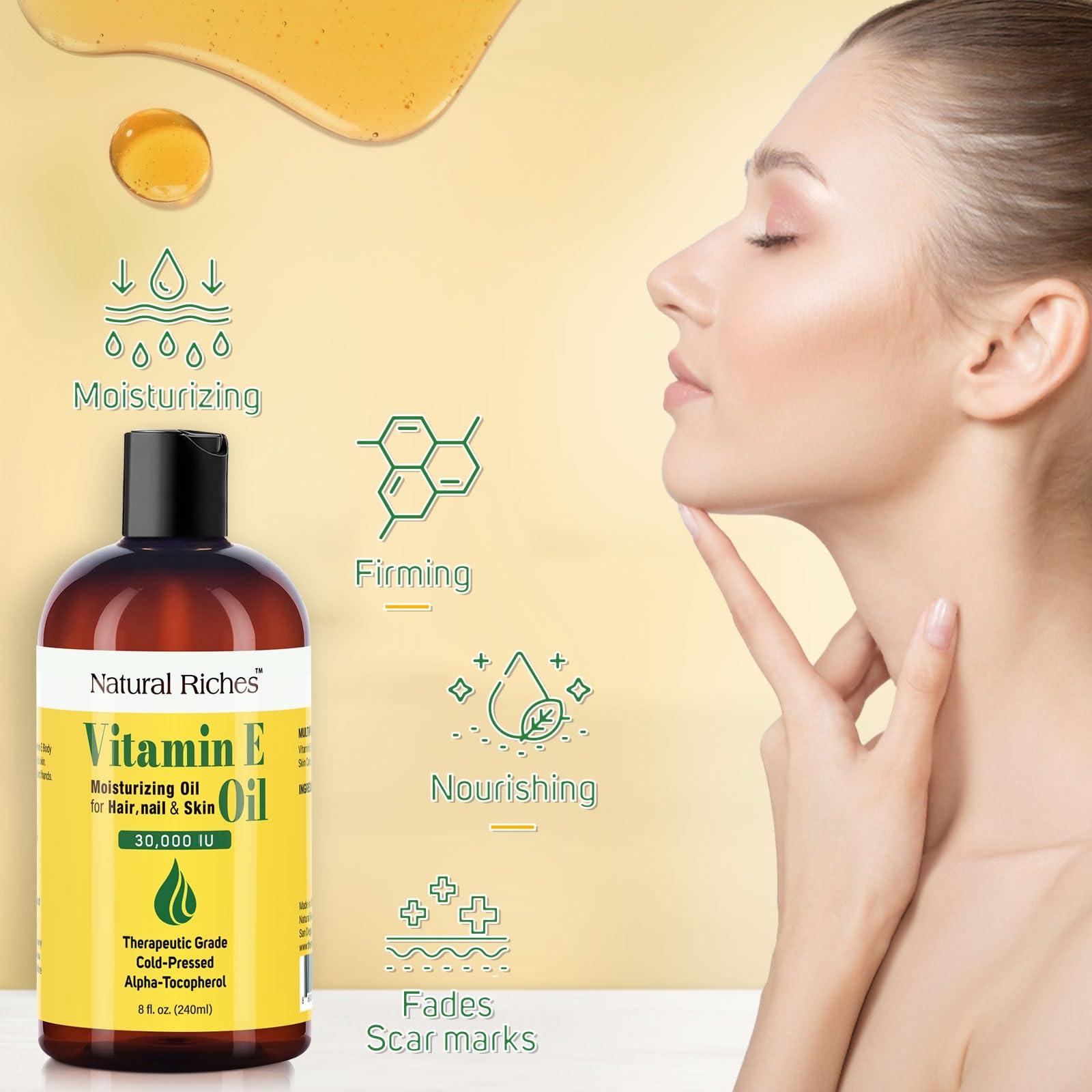Natural Riches Vitamin E Oil bottle with dropper ideal for scalp care.