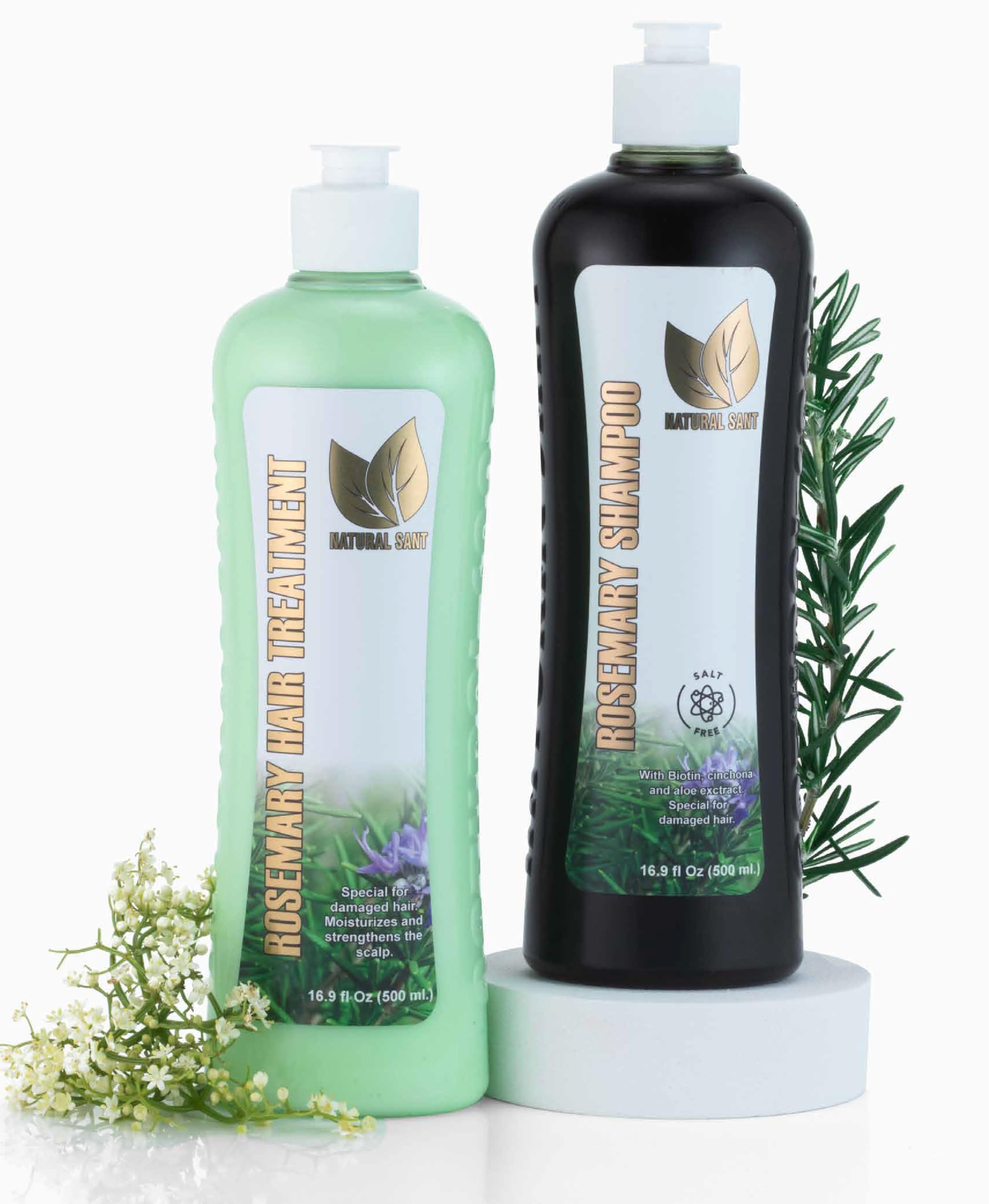 Natural Sant shampoing romarin cinchona, bouteille, purifie le cuir chevelu et revitalise les cheveux.