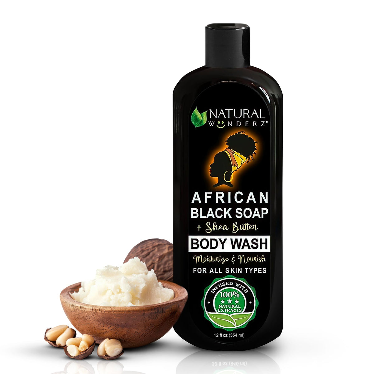 Natural Wunderz – Bouteille Savon Noir Africain 12oz, pratique pour la douche.