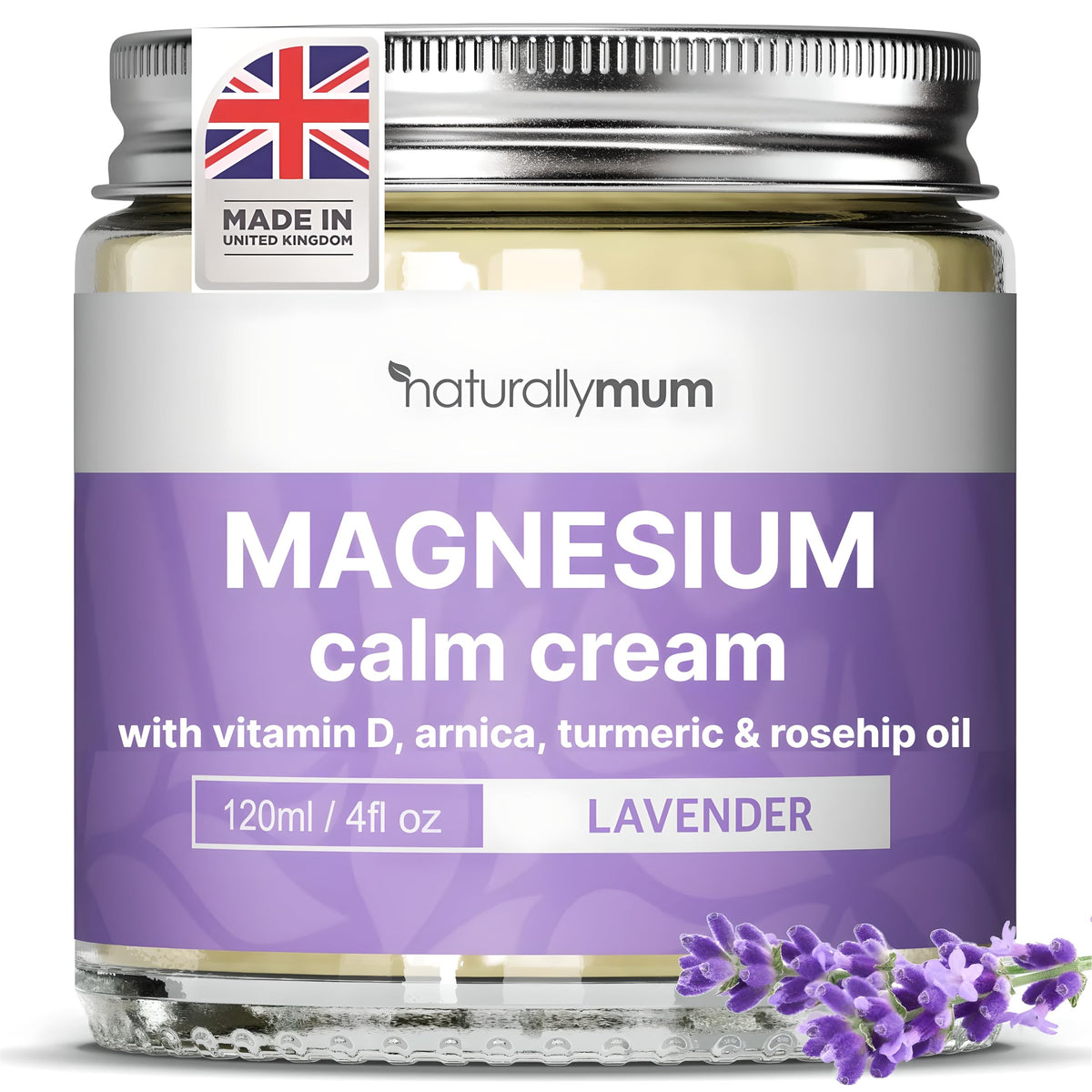 NaturallyMum Crème Magnésium Lavande dans son pot, hydratation douce.