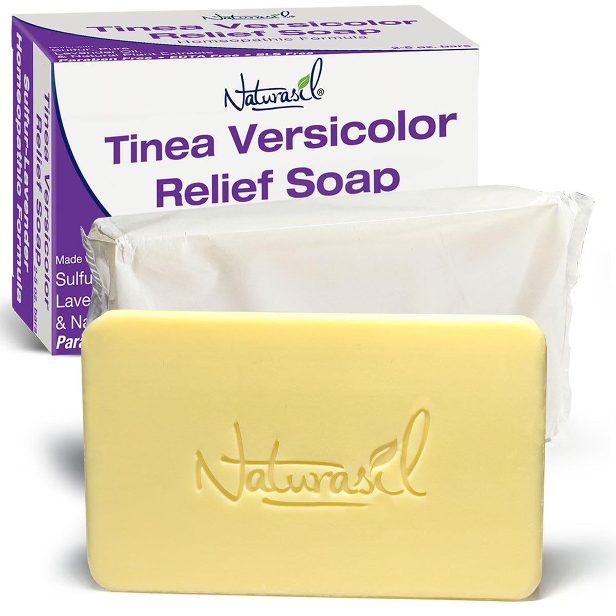 Naturasil Tinea Versicolor Savon barres – emballage prêt à l'emploi pour toute la famille.