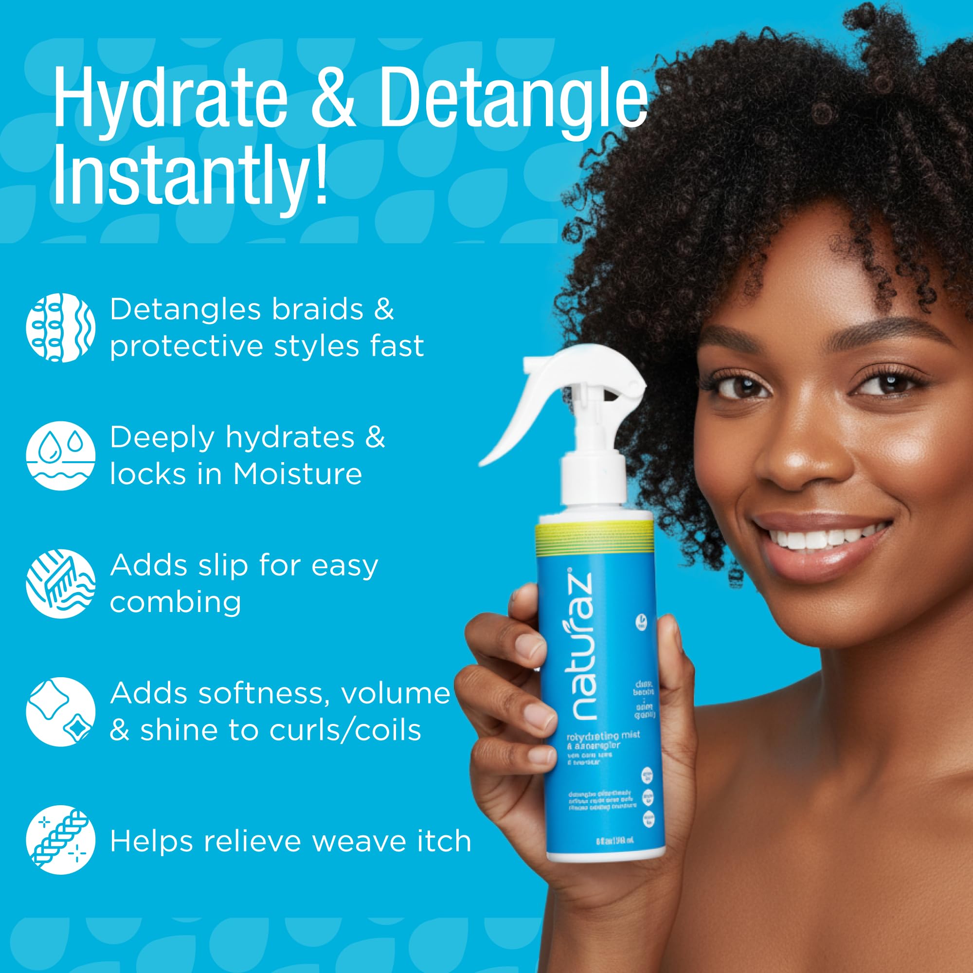 Naturaz Curly Hair Detangler Spray pump dispenses hydration for curls.