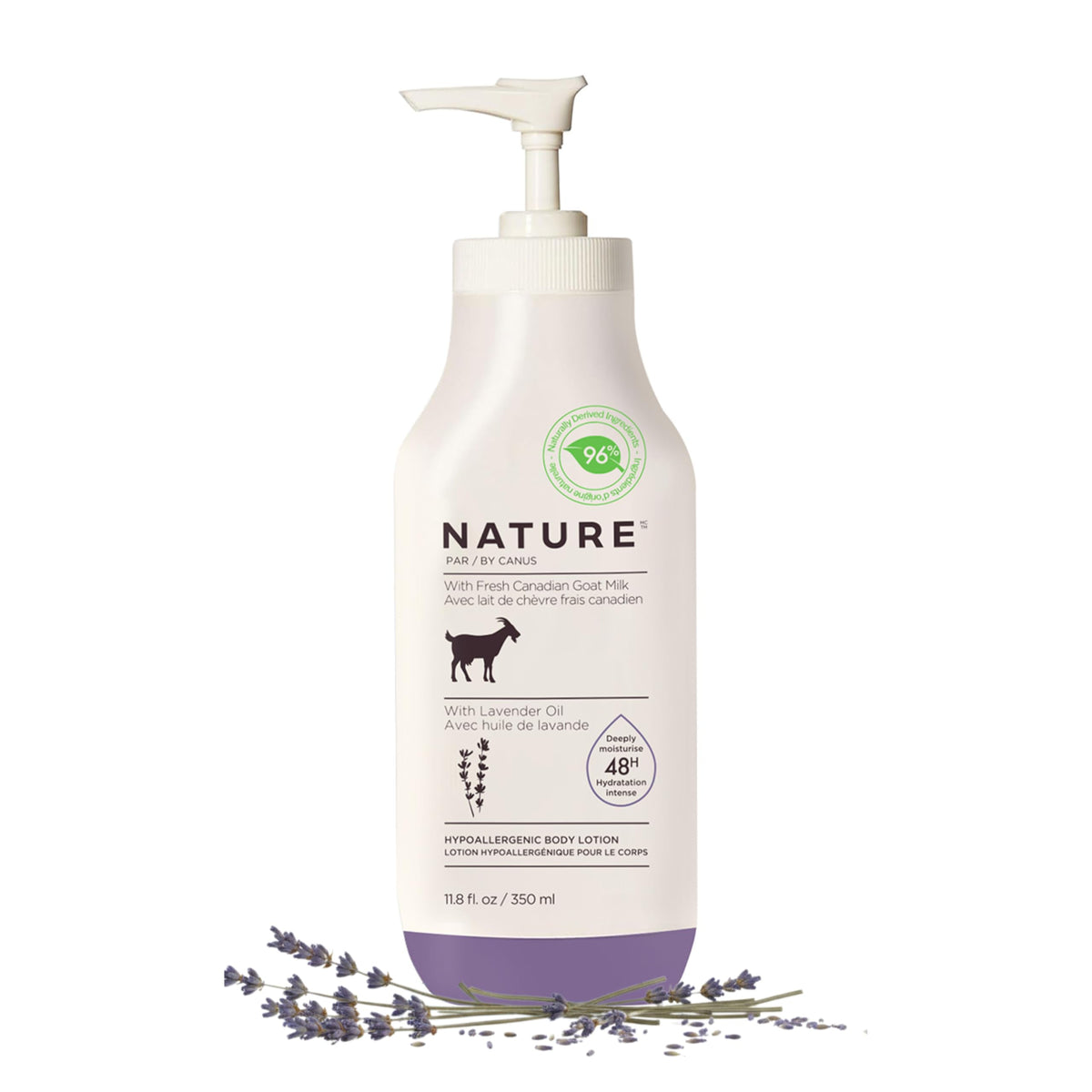 Nature by Canus — bouteille de lait chèvre lavande pour une hydratation douce et quotidienne.