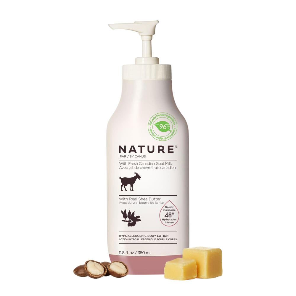 Nature by Canus Crème Corps, vue avant de la bouteille, hydratation douce au quotidien.