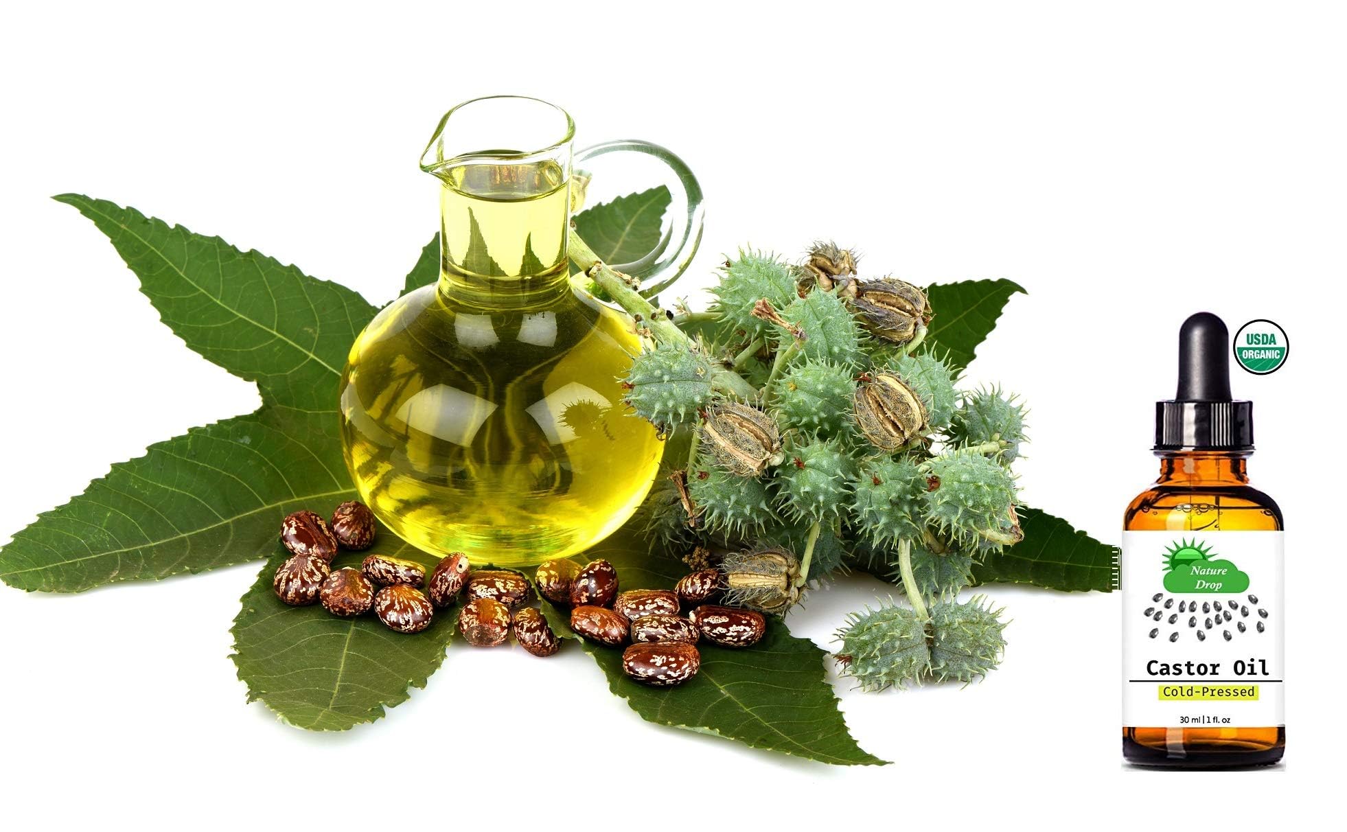 Nature Drop huile de ricin, soin nocturne pour cheveux et cils plus forts.