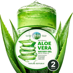 Nature Republic Aloe Vera Watery Gel bottle shows cooling hydration for all skin types.