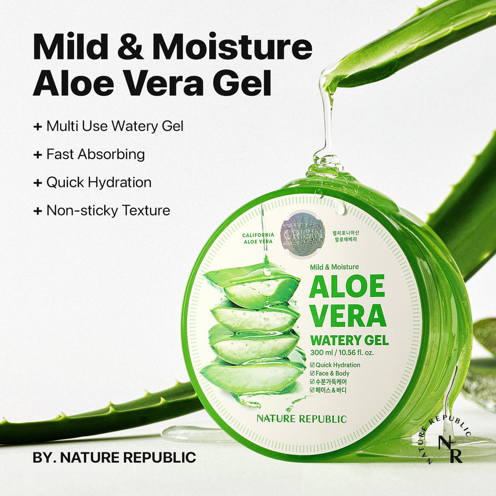 Nature Republic Aloe Vera Watery Gel texture close-up reveals light, fast-absorbing moisture.