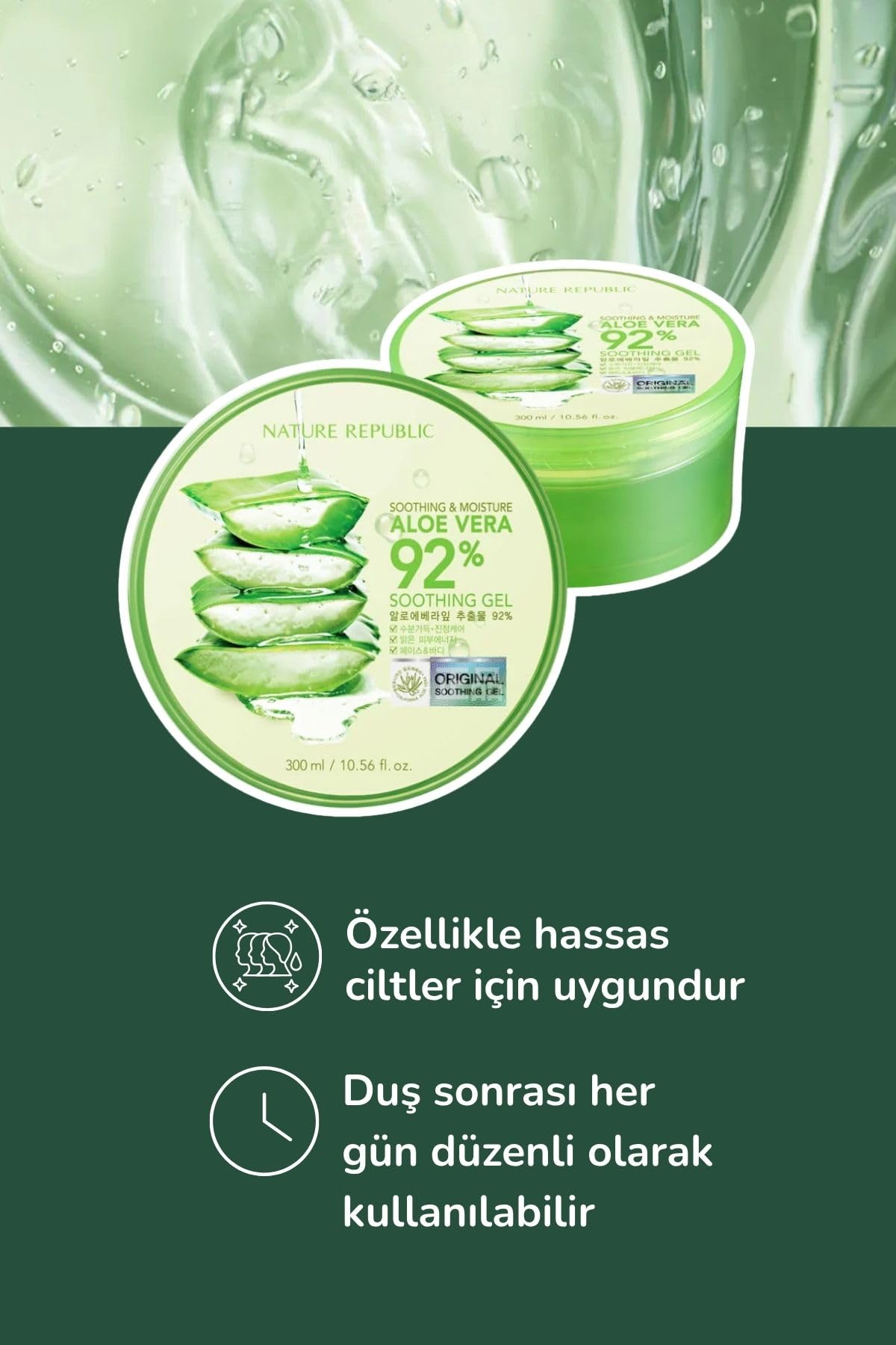 Texture gel Aloe Vera 92% pour une peau douce.