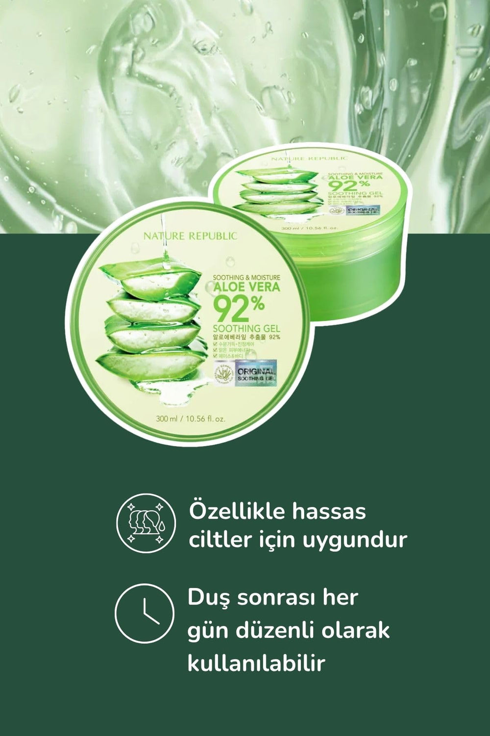 Texture gel Aloe Vera 92% pour une peau douce.