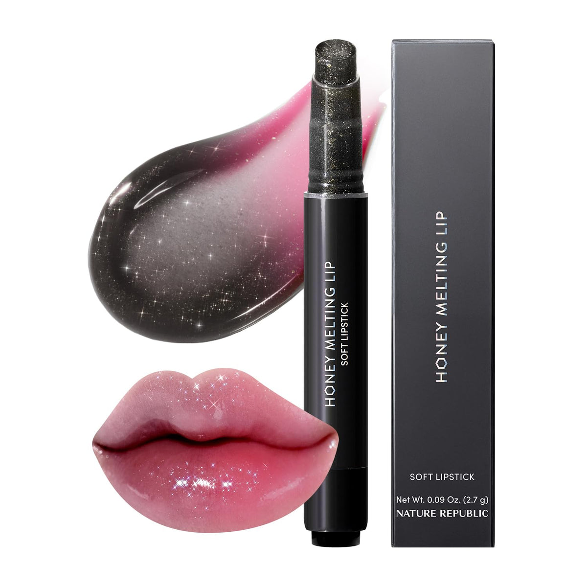 Nature Republic Honey Melting Lip Glitter montre texture miel sur lèvres pour hydratation et brillance.