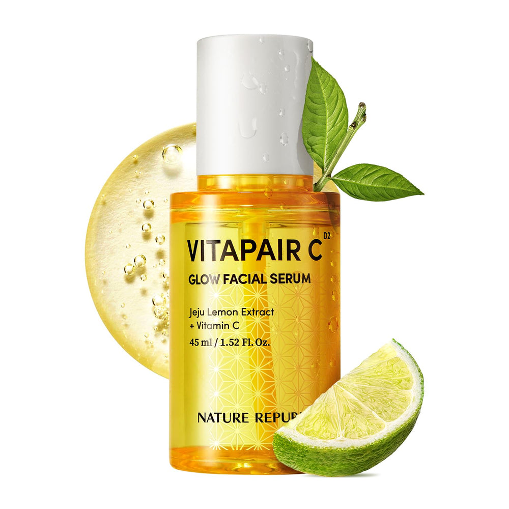 Nature Republic Vitapair C Glow serum bottle showing radiant glow for hydrated skin