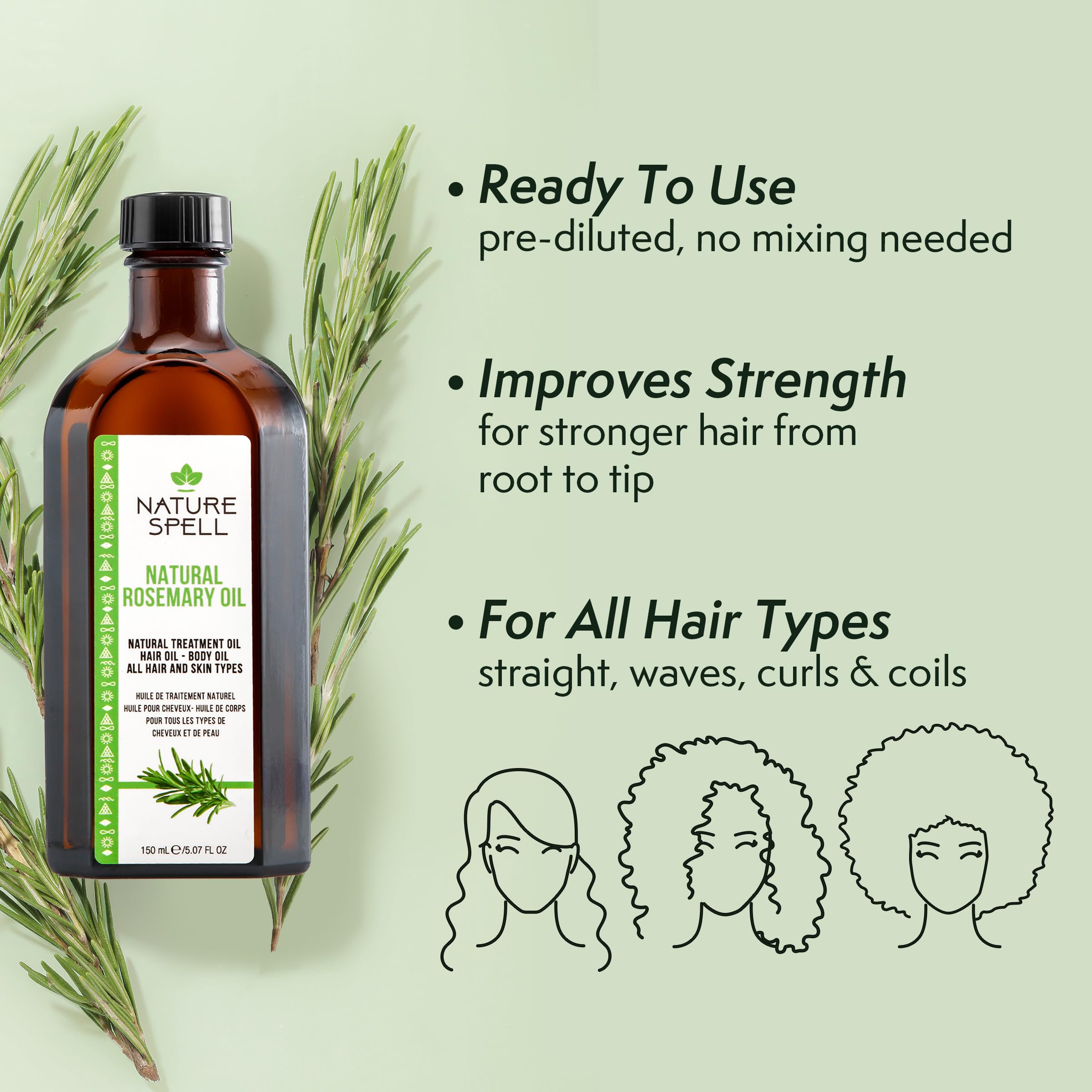 Nature Spell Romarin Huile Cheveux Mains Application – appliquer facilement sur le cuir chevelu.