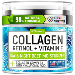 Nature Theory Crème visage collagène retinol hyaluronique avec pompe, hydratation durable.
