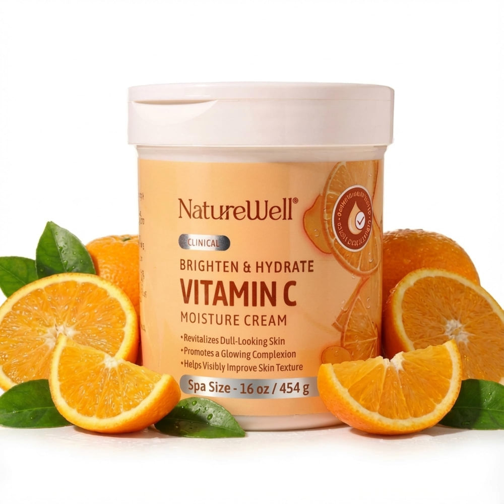 Nature Well Clinical Brighten Vitamin C Moisture Cream jar front hydrates for radiant skin.