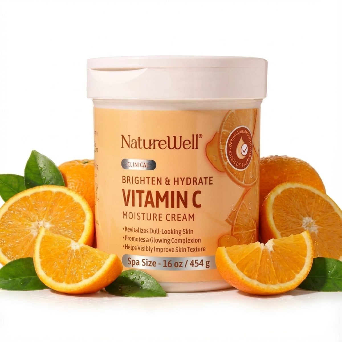 Nature Well Clinical Brighten Vitamin C Moisture Cream jar front hydrates for radiant skin.