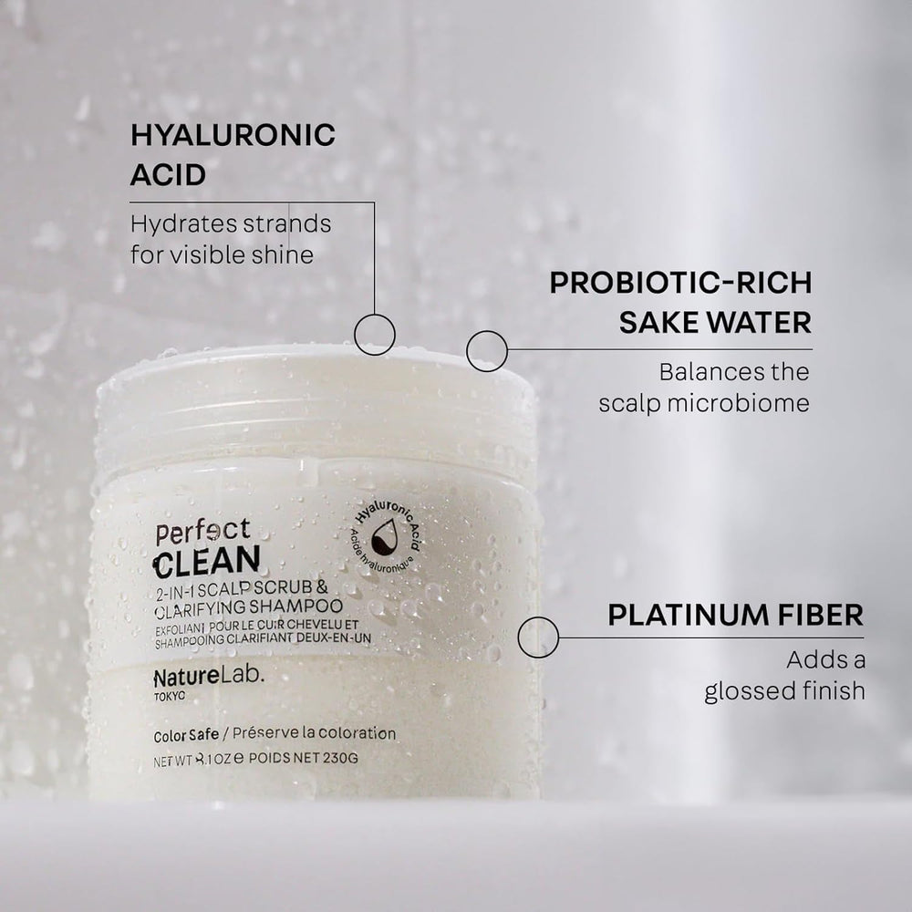 NatureLab.TOKYO Perfect Clean avec eau de sake probiotiques pour le cuir chevelu.
