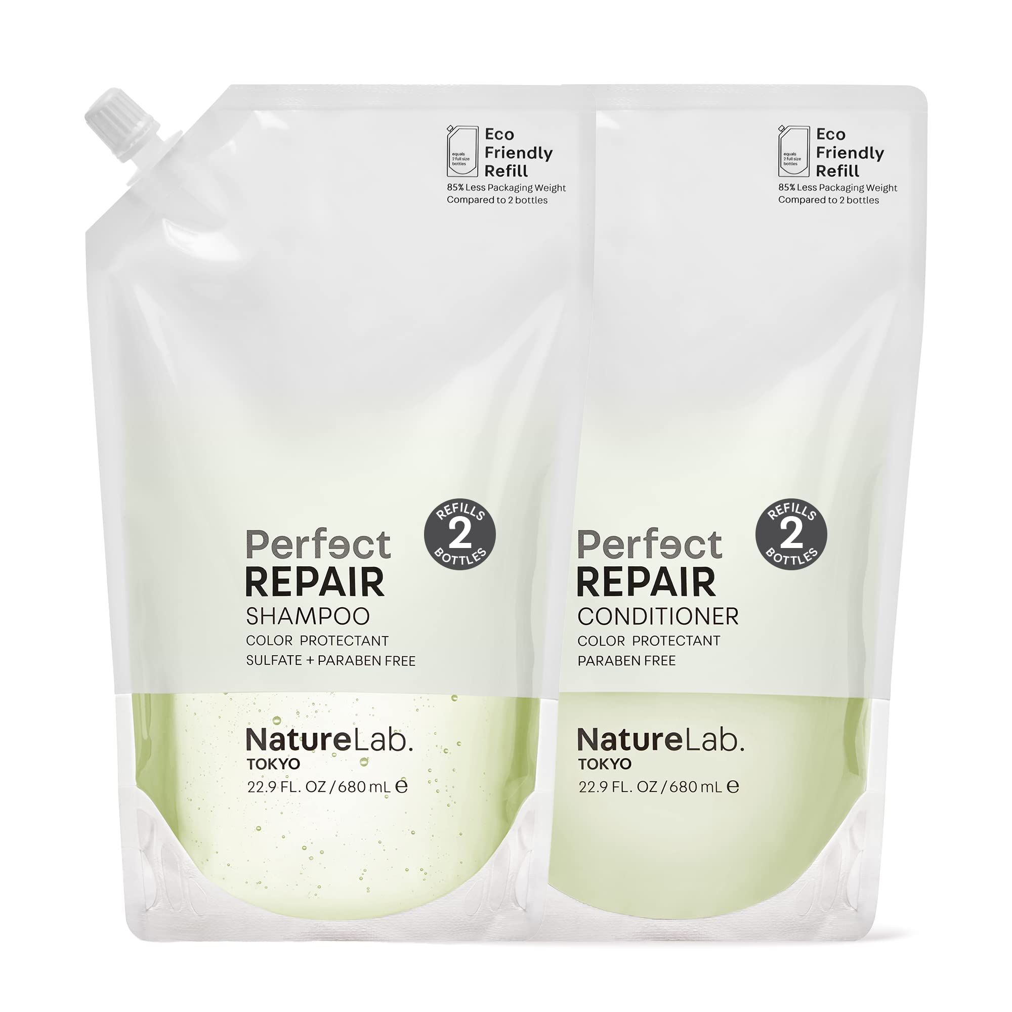 NatureLab.TOKYO shampoing réparation: flacon, cheveux abîmés revitalisés après utilisation
