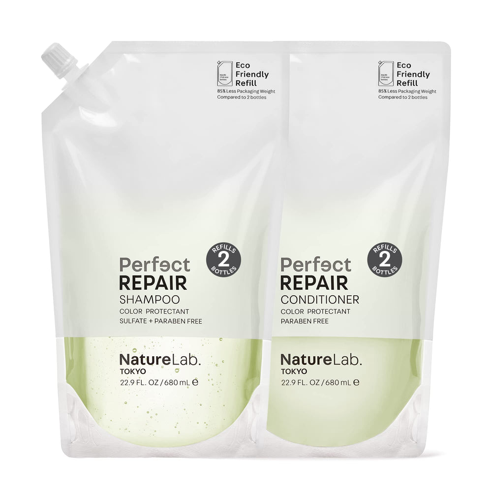 NatureLab.TOKYO shampoing réparation: flacon, cheveux abîmés revitalisés après utilisation