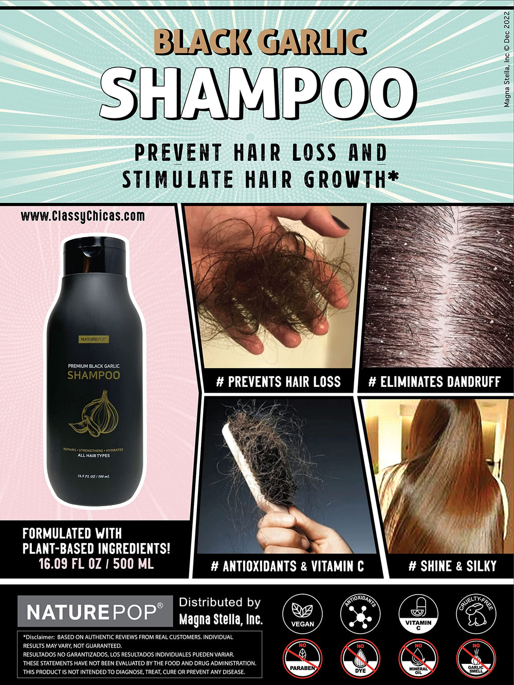 Naturepop Shampoing ail noir – avant/après potentiels après utilisation régulière.