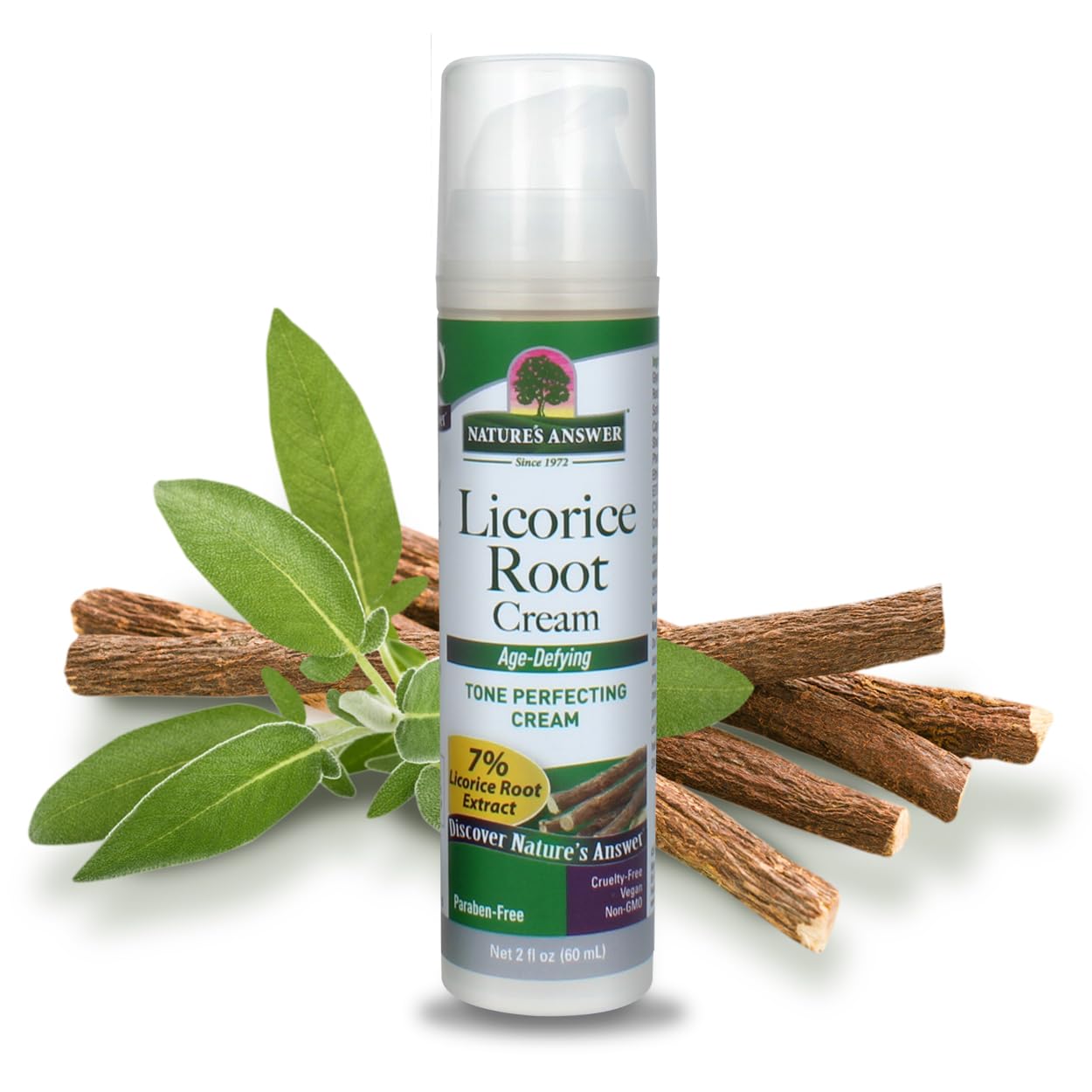 Nature's Answer Crème Réglisse – flacon clair pour teint uniforme et hydratation douce.